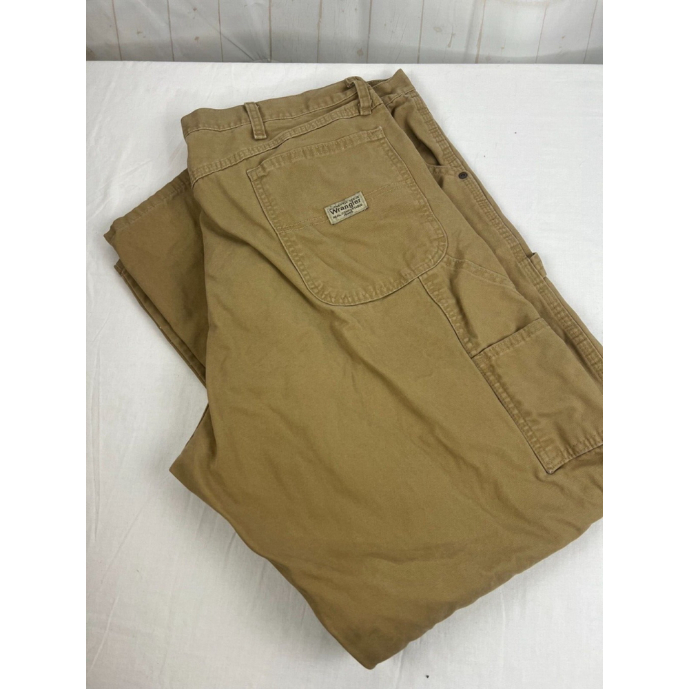 Men’s Wrangler Cotton Carpenter Pants Size 46x30 Tan Flat Front Workwear EUC